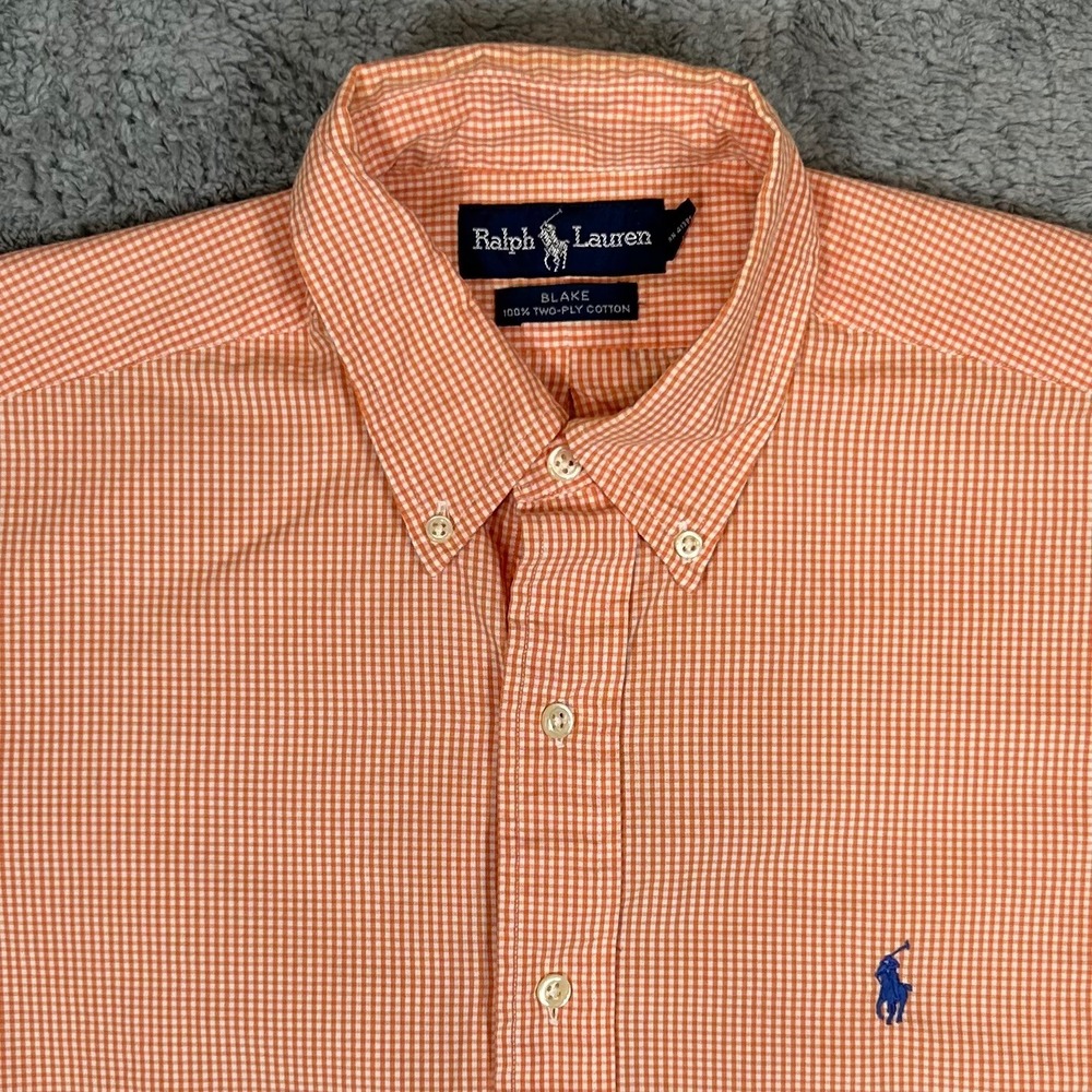 Ralph Lauren Blake Mens Medium Orange Gingham Check Cotton Button Down Shirt